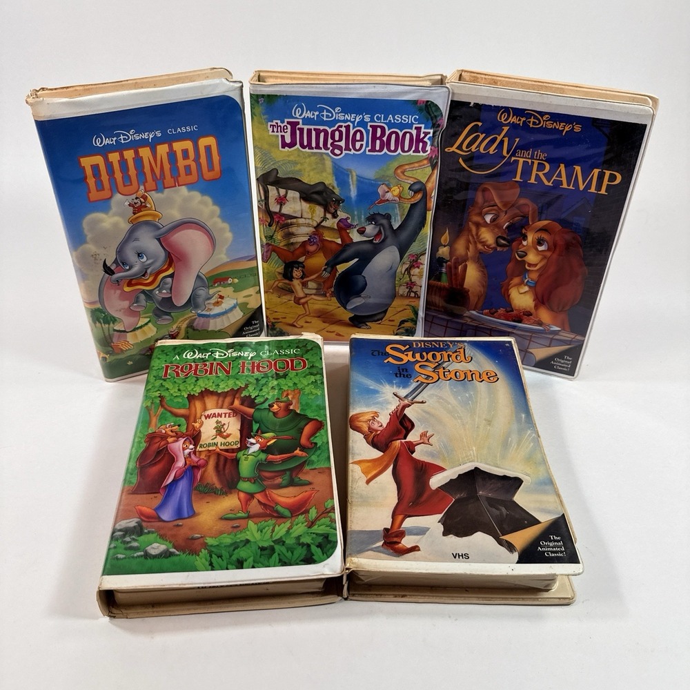 Disney Black Diamond VHS Lot 5 Dumbo Jungle Book Robin Hood Sword Lady Tramp